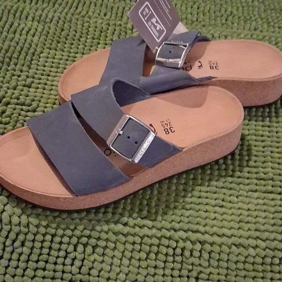 NWT Papillio Blue Slide Sandals with Silver Buckle, Suze 38, Narrow, Cork Wedges - Picture 8 of 8